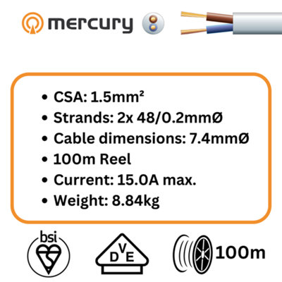 100m Cable 3182Y 2 Core Round PVC, 300/500V, HO5VV-F2, 15A 100m Reel - White