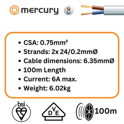100m Cable 3182Y 2 Core Round PVC, 300/500V, HO5VV-F2, 6A 100m Reel - White