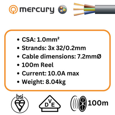 100m Cable 3183Y 3 Core Round PVC, 300/500V, HO5VV-F3, 10A 100m Reel Black