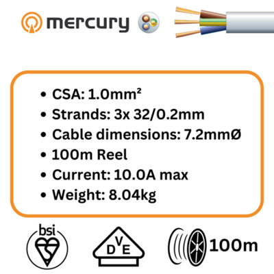 100m Cable 3183Y 3 Core Round PVC, 300/500V, HO5VV-F3, 10A 100m Reel White