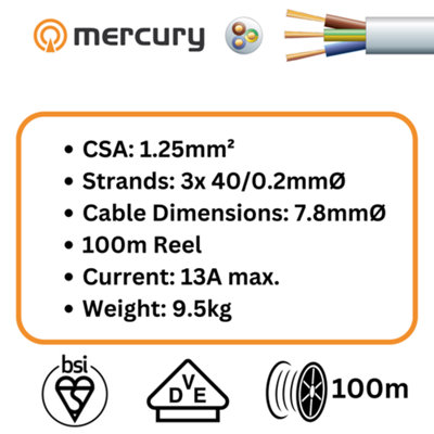 100m Cable 3183Y 3 Core Round PVC, 300/500V, HO5VV-F3, 13A 100m Reel - White Sheath