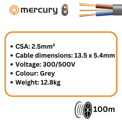 100m Cable 6242Y Twin and Earth 2.5mm Cable 100m Reel - Grey PVC Sheath