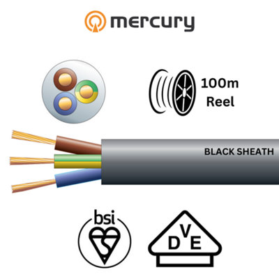 100m Mains Electric Cable 3183Y 3 Core Round PVC, 300/500V, HO5VV-F3, 15A - 100m Reel: Black Sheath Price Comparisons | Compare The Build