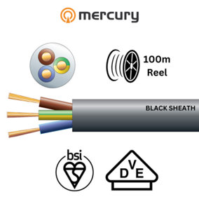 100m Mains Electric Cable 3183Y 3 Core Round PVC, 300/500V, HO5VV-F3, 15A - 100m Reel: Black Sheath