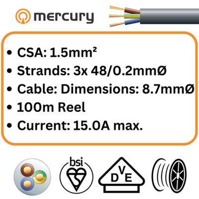 100m Mains Electric Cable 3183Y 3 Core Round PVC, 300/500V, HO5VV-F3, 15A - 100m Reel: Black Sheath