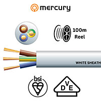 100m Mains Electric Cable 3183Y 3 Core Round PVC, 300/500V, HO5VV-F3, 15A - 100m Reel: White Sheath
