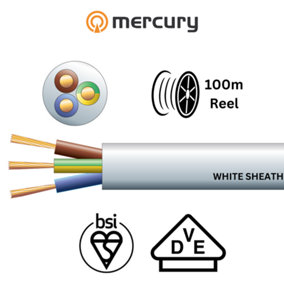 100m Mains Electric Cable 3183Y 3 Core Round PVC, 300/500V, HO5VV-F3, 15A - 100m Reel: White Sheath