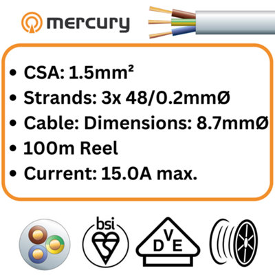 100m Mains Electric Cable 3183Y 3 Core Round PVC