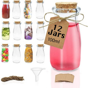 100ml Glass Bottles Jars with Cork Lids Ideal for Party Giveaways, Wedding Favours, DIY Projects, & Spice Storage 12 Pack