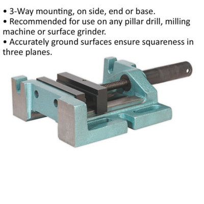 100mm 3-Way Pillar Drill Vice - 90mm Jaw Opening - Side End & Base Mounting
