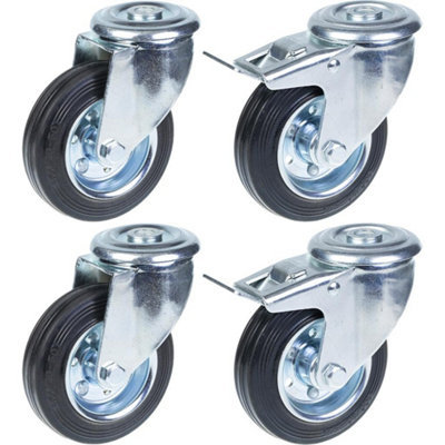 100mm 4" castor rubber tyre, swivel & brake, strong 360kg capacity, set of 4