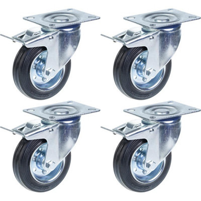 100mm 4" castor rubber tyre, swivel with brake, strong 90kg capacity, set of 4