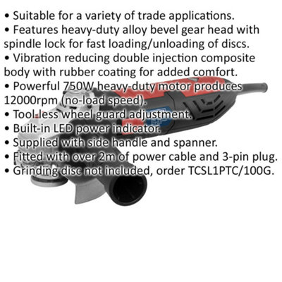 100mm Angle Grinder - 750W Heavy Duty Motor - 12000 RPM - M10 x 1.5mm Spindle
