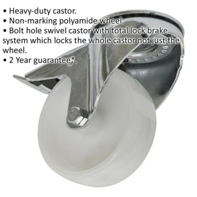 100mm Bolt Hole Swivel Castor Wheel - 36mm Tread - Polyamide - Total Lock Brakes
