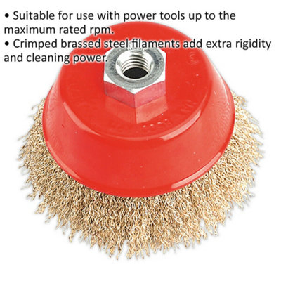 100mm Brassed Steel Cup Wire Brush - M14 x 2mm Thread - Up to 8500 rpm