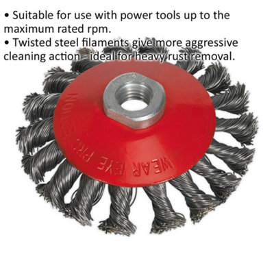 100mm Conical Wire Brush - Twisted Steel - M14 x 2mm - Up to 12500 rpm