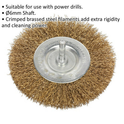 100mm Flat Wire Brush - Brassed Steel Filaments - 6mm Shaft - Up to 4500 rpm