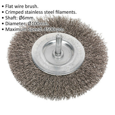 100mm Flat Wire Brush - Stainless Steel Filaments - 6mm Shaft - Up to 4500 rpm