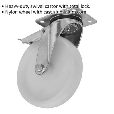 100mm Heavy Duty Swivel Plate Nylon Castor Wheel - 32mm Tread - Total Lock Brake