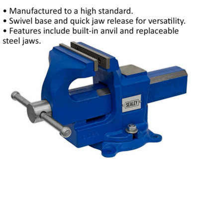 100mm Quick Action Swivel Base Vice - 100mm Jaw Opening - Serrated Steel Jaws