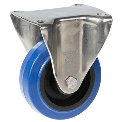 100mm stainless steel fixed castor with blue elastic rubber on nylon centre whee