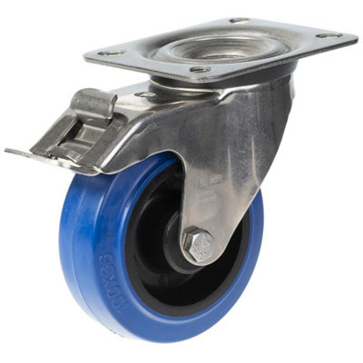 100mm stainless steel swivel/brake castor with blue elastic rubber on nylon cent