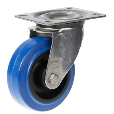 100mm stainless steel swivel castor with blue elastic rubber on nylon centre whe