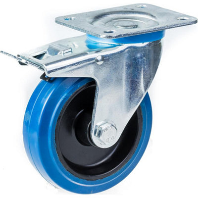100mm swivel/brake castor with blue elastic rubber on nylon centre wheel