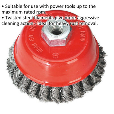 100mm Twisted Knot Wire Cup Brush - Steel Filaments - M14 x 2mm Thread