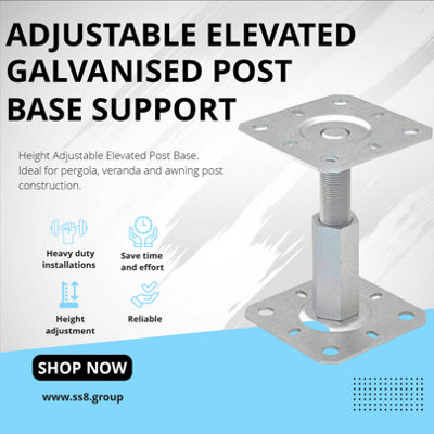 100mm x 100mm ( 4" x 4" ) Heavy Duty Galvanised Adjustable 100-150mm Elevated Post Base Support / 4 pcs - 8