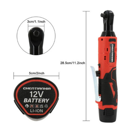 3/8" Cordless Right Angle Ratchet Impact Wrench - 12V, Includes 2 Batteries, Electric Power Tool