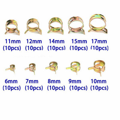 100pc Zinc Plated Spring Hose Clamp Set 6mm-17mm for Fuel & Water Hoses