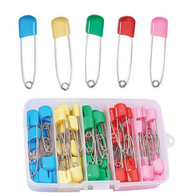 100pcs Assorted Colour Safety Pins Box, Plastic Head Diaper Metal Pins for Baby Nappy, Fastening Securing Clothing, Crafting