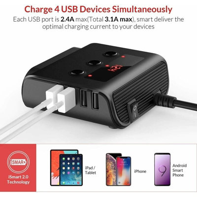 100W/12V/24V Car Cigarette Lighter Socket 3 Ports + 4 USB Charging Ports,  Charger Adapter