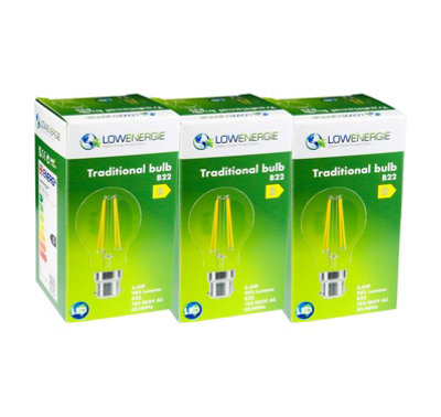 100w Equivalent LED Traditional Looking Filament Light Bulb A60 GLS B22 Bayonet 6.6w LED - Warm White - Pack of 3