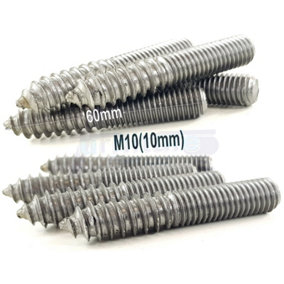 100x M10 60mm Wood to Metal Screws Furniture Dowels Double Ended Fixing Bolts Thread Screw Stud Hanger Bolt