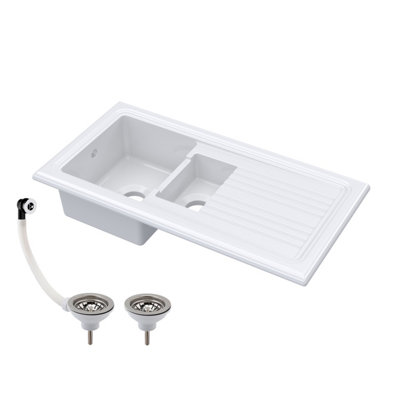 101cm 1.5 Bowl Fireclay Inset Kitchen Sink, Drainer and Compatible Wastes - White