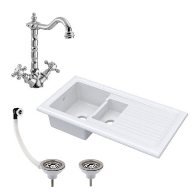 101cm 1.5 Bowl Fireclay Inset Kitchen Sink & Drainer, Classic Tap & Wastes - White