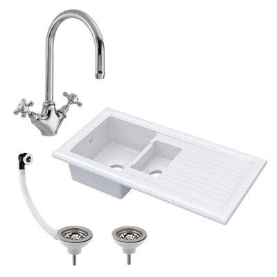 101cm 1.5 Bowl Fireclay Inset Kitchen Sink & Drainer, Mixer Tap & Wastes - White