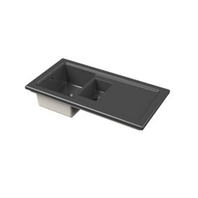 101cm Fireclay Ceramic 1.5 Bowl Kitchen Sink & Plain Drainer - Soft Black