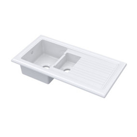 101cm Inset Counter Top 1.5 Bowl Fireclay Ceramic Kitchen Sink - White