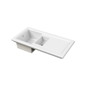 101cm Inset Counter Top 1.5 Bowl Fireclay Ceramic Kitchen Sink with Plain Drainer - White