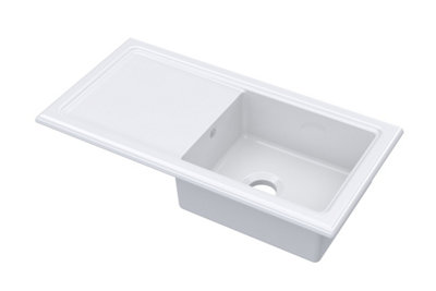 101cm Inset Counter Top Single Bowl Fireclay Ceramic Kitchen Sink with Plain Drainer in White