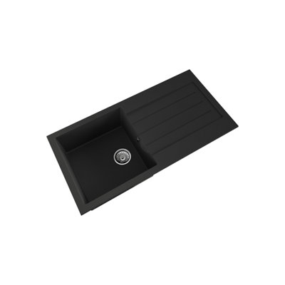 101cm Kitchen Single Bowl Composite Inset Sink, Overflow & Drainer, Matt Black