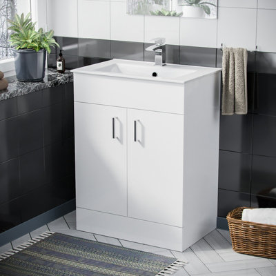 Nes Home 600mm White Floorstanding Vanity Unit & Slim White Basin Flat Pack from B&Q