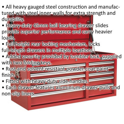 1025 x 435 x 495mm RED 10 Drawer Topchest Tool Chest Lockable Storage Cabinet