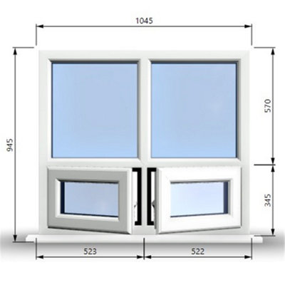 1045mm (W) x 945mm (H) PVCu StormProof Casement Window - 2 Bottom Opening Windows - Toughened Safety Glass - White