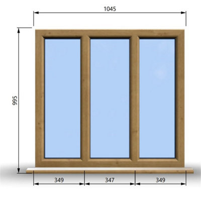 1045mm (W) x 995mm (H) Wooden Stormproof Window - 3 Pane Non-Opening Windows - Toughened Safety Glass