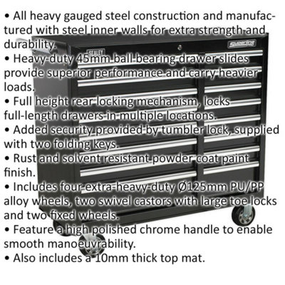 1050 x 465 x 1005mm 16 Drawer BLACK Portable Tool Chest Locking Mobile Storage