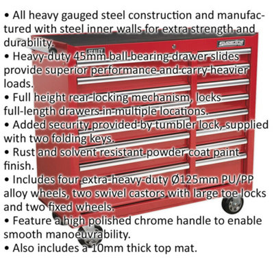 1050 x 465 x 1005mm 16 Drawer RED Portable Tool Chest Locking Mobile Storage Box
